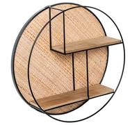 DRW Scaffale da parete rotondo con 2 ripiani in metallo, legno e vimini in naturale e nero, 50 x 13 x 50 cm