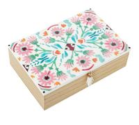 DRW Scatola rettangolare in legno con fiori in rosa e verde 24x16x7 cm