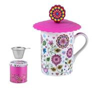 DRW Set 6 Mugs di Infusion Tazze con filtro in acciaio inox con fiori rosa Tazza: 8x8x10 cm