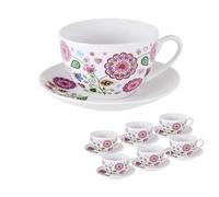 DRW Set 6 tazze con piatto in porcellana con fiori tonalità rosa 250 ml. Coppa: 9,5 x 9,5 x 6 cm