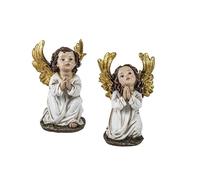 DRW Set di 2 angioletti in ginocchio pregando in bianco e oro in resina dipinti a mano 5x5x17 cm