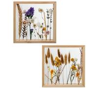 DRW Set di 2 cornici in legno e acrilico con fiori artificiali assortiti in tonalità naturali, 17 x 17 x 3 cm