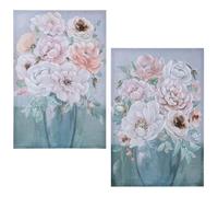 DRW Set di 2 quadri di tele di vasi con fiori dipinti a mano 40% tonalità rosa, bianco e blu 90x60x3 cm