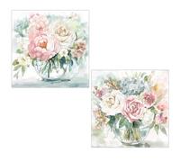 DRW Set di 2 quadri tela con cornice in legno con assortimento di fiori con una parte a mano in rosa, bianco e blu 60x3x60 cm