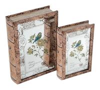 DRW Set di 2 scatole libro in legno dm con specchio e interno in velluto naturale e fiorito 30x20x7cm e 24x16x5cm