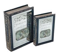 DRW Set di 2 scatole libro in legno dm con specchio e interno in velluto verde e bianco 30x20x7cm e 24x16x5cm