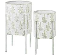 DRW Set di 2 vasi rotondi in metallo decorazione foglie bianche e verdi 31 x 31 x 58 cm
