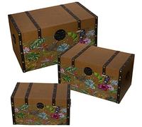 DRW Set di 3 bauli in legno MDF rattan, decorati con fiori e molteplici colori, 38 x 35 x 65 cm