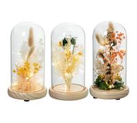 DRW Set di 3 fanali in vetro con base in legno e fiori artificiali in tonalità naturali e morbide, 12 x 12 x 22 cm