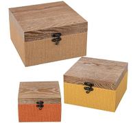 DRW Set di 3 scatole di legno decorate in vimini in marrone, arancione e giallo 24x24x14 cm