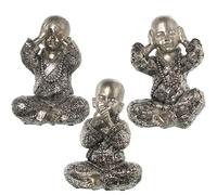 DRW Set di 3 statuette di Buddha con tuniche in resina argento e nero 16,5 x 11 x 20 cm