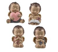 DRW Set di 4 angioletti per bambini con occhi chiusi cuore lettura e preghiera in resina dipinta a mano 13 cm