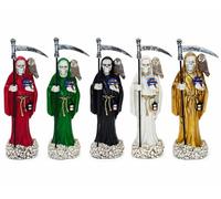 DRW Set di 5 Santa Morte nero, bianco, oro, rosso, verde, in resina dipinta a mano, con scatole regalo, 20 cm