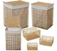 DRW Set di 6 cestini di corda di carta con tessuto cotone poliestere naturale e bianco 43 x 36 x 56 + 38 x 31 x 51 + 33 x 25 x 46 cm