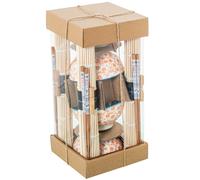 DRW Set di sushi 4 ciotole con bacchette e sottopentola in porcellana e legno in bianco, arancione e naturale, 12x12x6 cm