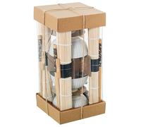 DRW Set di sushi 4 ciotole con bacchette e sottopentola in porcellana e legno in bianco, blu e naturale, 12x12x6 cm