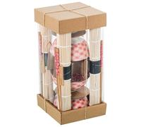 DRW Set di sushi 4 ciotole con bacchette e sottopentola in porcellana e legno in bianco, rosso e naturale, 12x12x6 cm