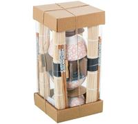 DRW Set di sushi 4 ciotole con bacchette e sottopentola in porcellana e legno in rosso, bianco e naturale, 12x12x6 cm