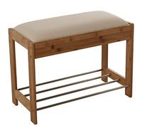 DRW Sgabello in Legno Bamboo con Tessuto Ecru E Porta Scarpe in Acciaio 60X29X45 CM