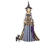 DRW Statuetta strega con abito a righe e gatto nero in resina dipinta a mano, 46 cm