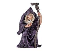 DRW Statuina strega con scopa e sfera di vetro in resina dipinta a mano 29 cm
