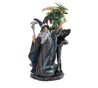 DRW Stregone in piedi con Dragon Verde su Roccia, Palla e Bastone in Resina Dipinto a Mano 20x15x25 cm