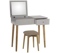 DRW Tavolo da toeletta con 1 cassetto e Specchio e Sgabello Gambe in Naturale, Panca, Legno, Bianco Moderno, 80x40x75cm, Banco 30x30x45cm