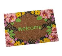 DRW Zerbino Rettangolare in Fibra di Cocco con Logo Welcome e Fiori, 40 x 60 cm, Multicolore, estandar