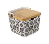 DRW Zuccheriera in ceramica con coperchio in legno e quadrati 9x9x9cm