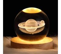 DRYFAL, Sfera di cristallo 3D con motivo Saturno, luce notturna per bambini a forma di sfera in vetro, lampada da notte con base in legno, tema fantasy e galassia con pianeti, decorazione in