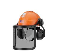 DS-SMAAT Set casco di sicurezza Forest, 4 in 1, motosega industriale, hardhat con rete, scudo PC trasparente e paraorecchie, protettore forestale certificato ANSI Z89.1 (arancione + mesh