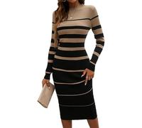 DSAoTeng Abito da donna a righe a blocchi di colore slim a maniche lunghe in maglia midi abito alla moda casual aderente abiti a costine autunno inverno ufficio abbigliamento da lavoro, Nero , M