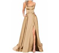 DSAoTeng Abito da sposa da donna, abito estivo con spalle scoperte in raso con spacco per damigella d'onore, con tasche, spalline sottili, linea A, abito da sera formale, B-beige., S