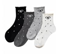 DSAoTeng Calzini da donna con volant e fiocco a pois, 4 pezzi, Kawaii Y2k con volant, a metà polpaccio, traspiranti, senza cuciture, per autunno inverno, uso quotidiano, scuola, casa