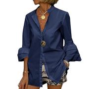 DSAoTeng Camicetta da donna a maniche lunghe, colletto rialzato, con bottoni, casual, alla moda, tinta unita, scollo a V, per lavoro e ufficio, blu navy, XL
