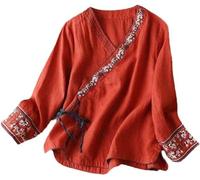 DSAoTeng Camicia tradizionale da donna cinese vintage camicetta a maniche lunghe Hanfu Tang Suit ricamo vestiti zen, Rosso, L