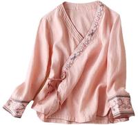 DSAoTeng Camicia tradizionale da donna cinese vintage camicetta a maniche lunghe Hanfu Tang Suit ricamo vestiti zen, rosa, XS