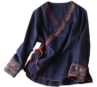DSAoTeng Camicia tradizionale da donna cinese vintage camicetta a maniche lunghe Hanfu Tang Suit ricamo vestiti zen, Marina Militare, S