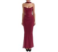 DSAoTeng Completo da donna in raso senza spalline e gonna a vita alta slim con sciarpe in raso, elegante gonna a coda di pesce increspata a due pezzi, Rosso vinaccia, S