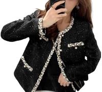 DSAoTeng Giacca corta da donna in tweed con colletto rotondo scozzese con abbottonatura corta blazer casual elegante vintage chic giacca corta da ufficio abbigliamento da lavoro, Nero , S