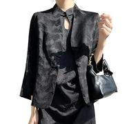 DSAoTeng Giacca da donna con maniche a 3/4, un bottone, senza colletto, casual, elegante, in raso, jacquard, capispalla per ufficio, lavoro, matrimonio, sera, Nero , 3XL