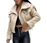 DSAoTeng Giacca da donna in finta pelle con cerniera, calda, corta, spessa, comoda, in pelliccia sintetica, foderata in sherpa, bomber invernale a maniche lunghe con tasche (beige, S), Beige, S