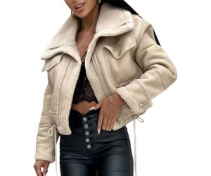 DSAoTeng Giacca da donna in finta pelle con cerniera, calda, corta, spessa, comoda, in pelliccia sintetica, foderata in sherpa, bomber invernale a maniche lunghe con tasche (beige, S), Beige, S