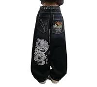 DSAoTeng Jeans larghi da donna con stampa teschio, gamba larga, con grandi tasche, stile casual, vintage, Y2K, vestibilità comoda, a vita bassa, stile gotico, streetwear, Blu Scuro-02, M