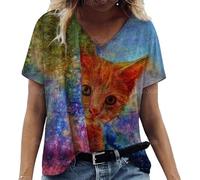 DSAoTeng Maglietta da donna con animali 3D con stampa di gatto con scollo a V a maniche corte magliette oversize pullover estivo moda abbigliamento da donna, # 2, L