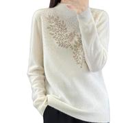 DSAoTeng, Maglione da donna in lana e cashmere con collo a risvolto, semplice maglia a costine, pullover elegante e caldo con maniche lunghe, design con strass, top per autunno e inverno, bianco, XL