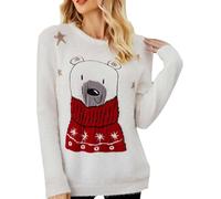 DSAoTeng Maglione da donna lavorato a maglia largo, casual, carino, con orsetto dei cartoni animati, ricamo, caldo, jacquard, a maniche lunghe, per feste invernali, bianco, XL