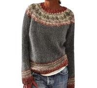 DSAoTeng Maglione da donna vintage con scollo a barchetta retrò, lavorato a maglia, casual, leggero, vestibilità ampia, a maniche lunghe, per autunno inverno, Marrone floreale., M