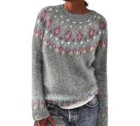 DSAoTeng Maglione da donna vintage con scollo a barchetta retrò, lavorato a maglia, casual, leggero, vestibilità ampia, a maniche lunghe, per autunno inverno, Grigio Floreale Rosa, S