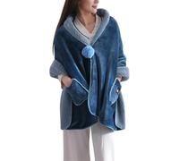 DSAoTeng Mantello da donna con pompon indossabile in pile, morbido, accogliente, spesso, caldo, scialle avvolgente, poncho avvolgente per inverno, casa, ufficio, viaggi, campeggio, Blu scuro, Taglia